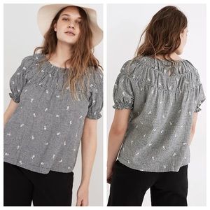 madewell embroidered gingham shirted puff-sleeve top